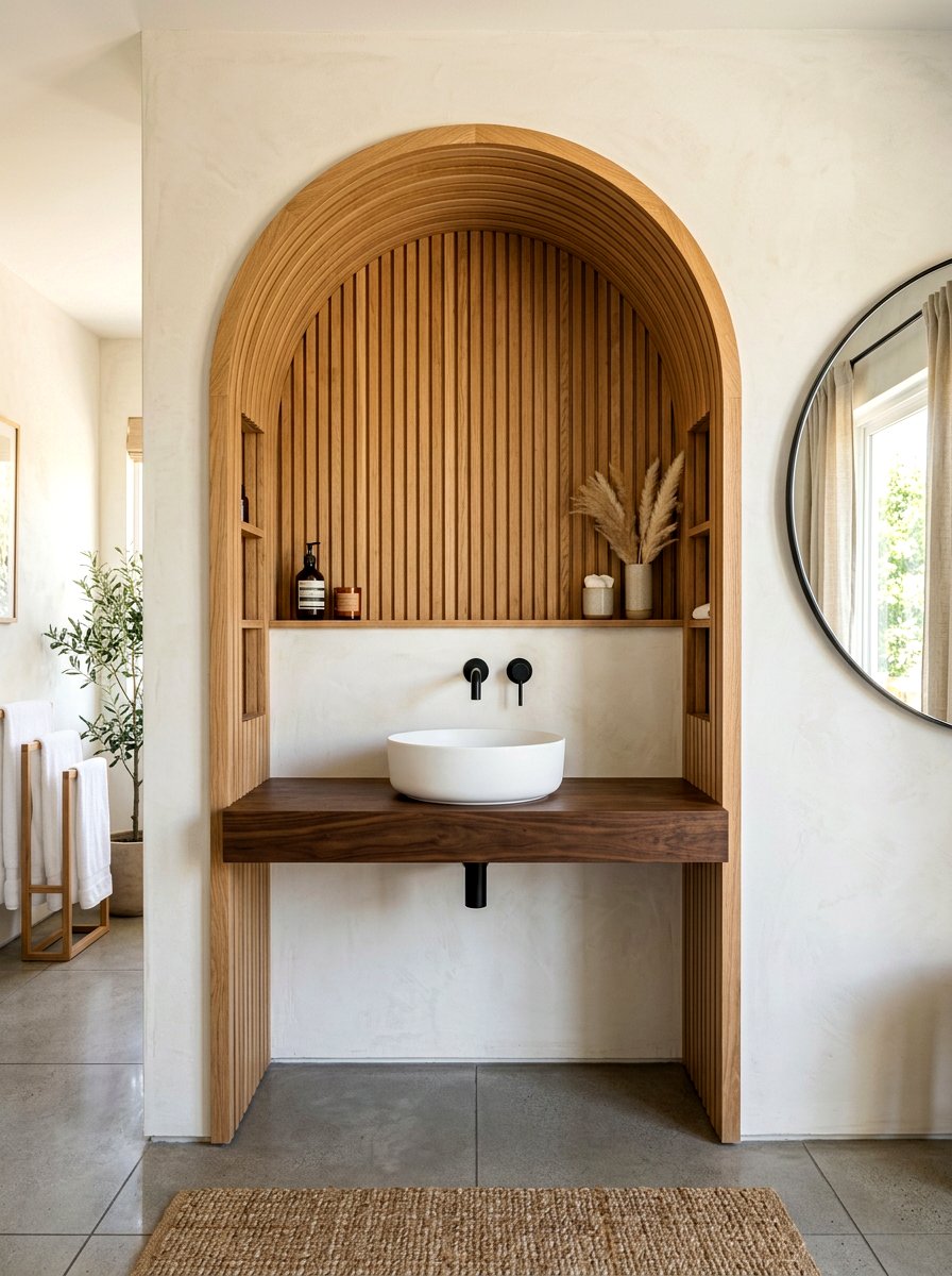 Oak Slat Arched Niche - 30 arched vanity niche ideas