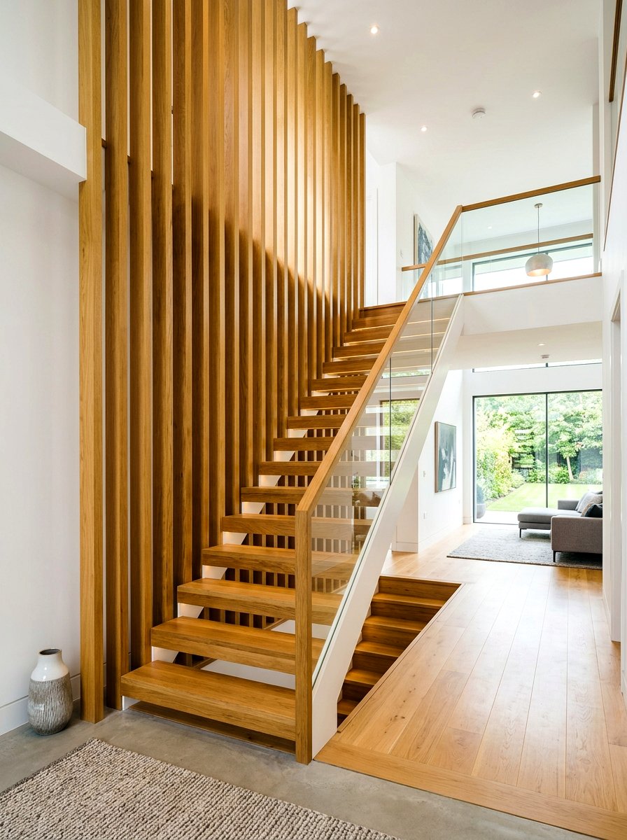 Oak Vertical Slats - 30 staircase wall panel ideas