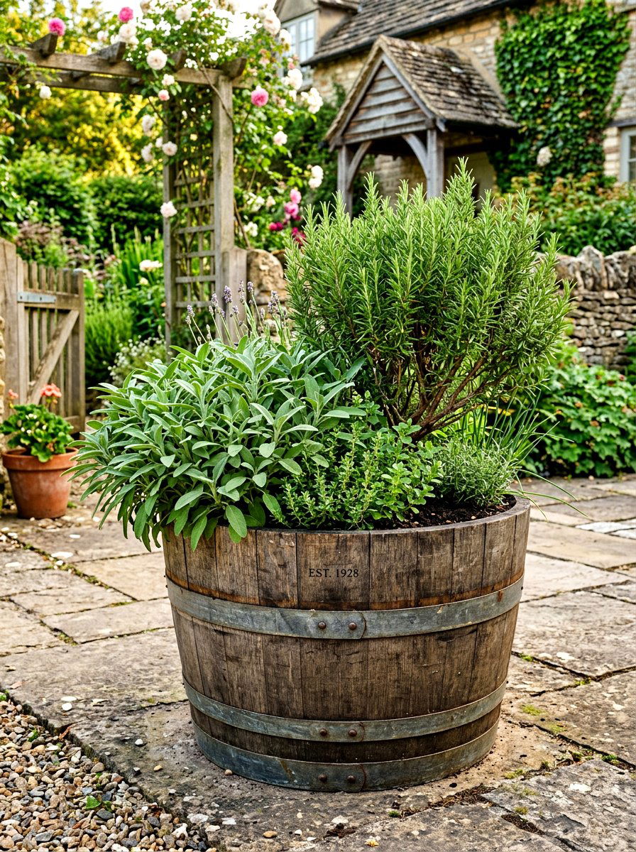 Oak Wine Barrel Herb Planter - 30 herb garden bed ideas