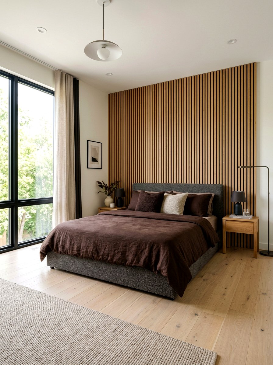 Oak Wood Slat Wall Bedroom - 30 all brown bedroom ideas