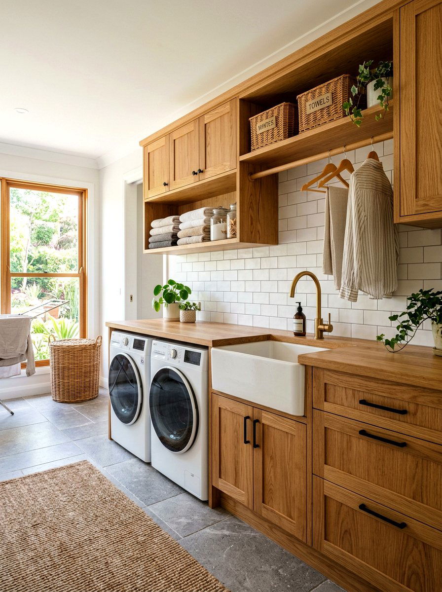 Oak wood laundry station - 30 washer dryer enclosure ideas