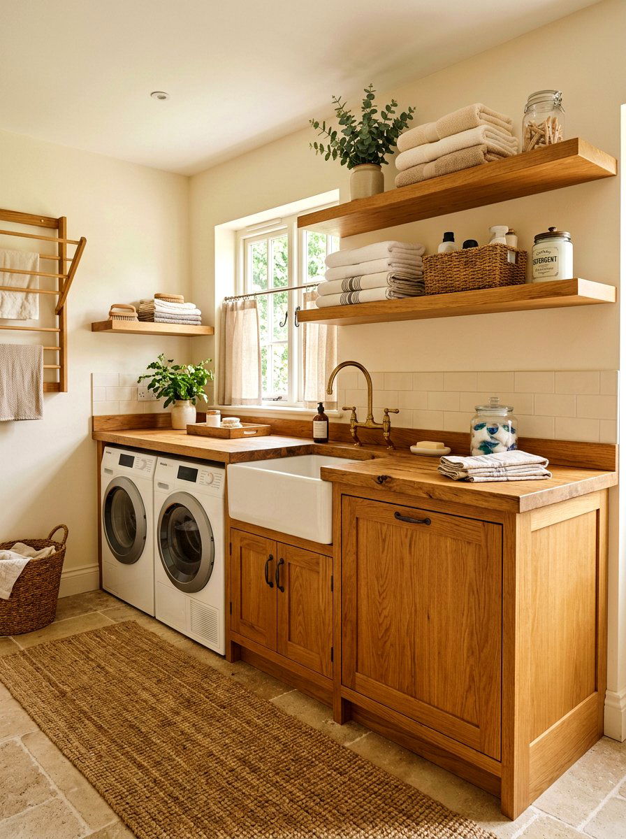 Oak wood laundry workstation - 30 countertop over washer dryer ideas