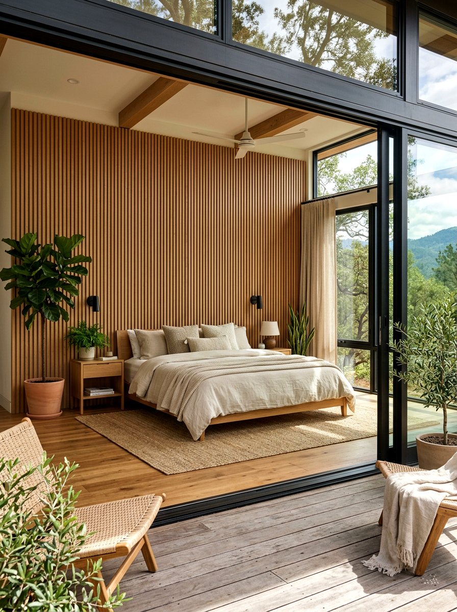 Oak wood slat wall - 30 wall to wall headboard ideas