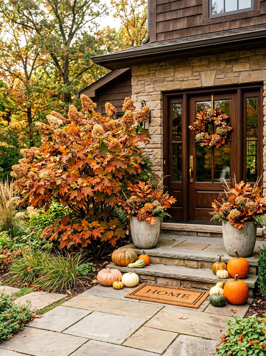 Oakleaf Hydrangea Autumn Entry - 30 front porch hydrangea ideas