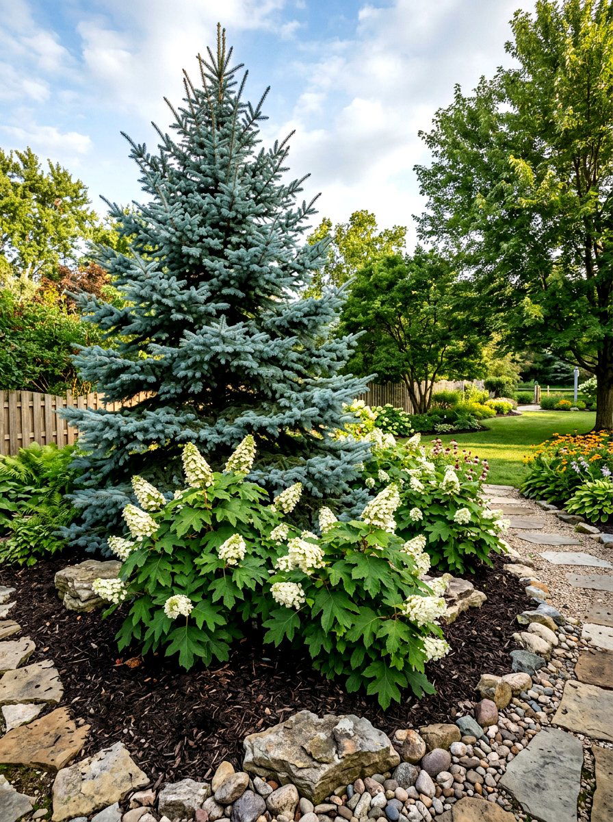 Oakleaf hydrangea and spruce tree landscape - 30 evergreen and hydrangea landscape ideas