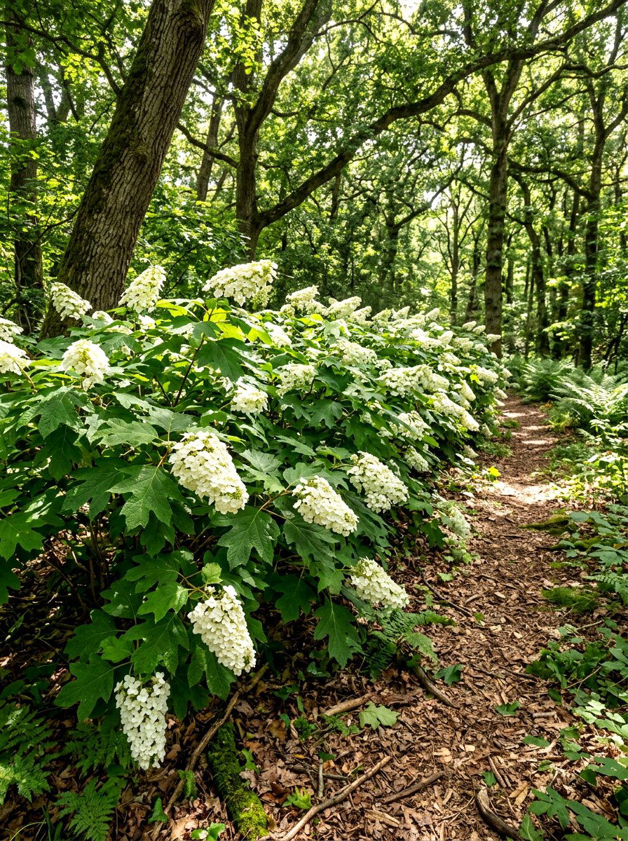 Oakleaf hydrangea woodland hedge - 30 hydrangea hedge ideas