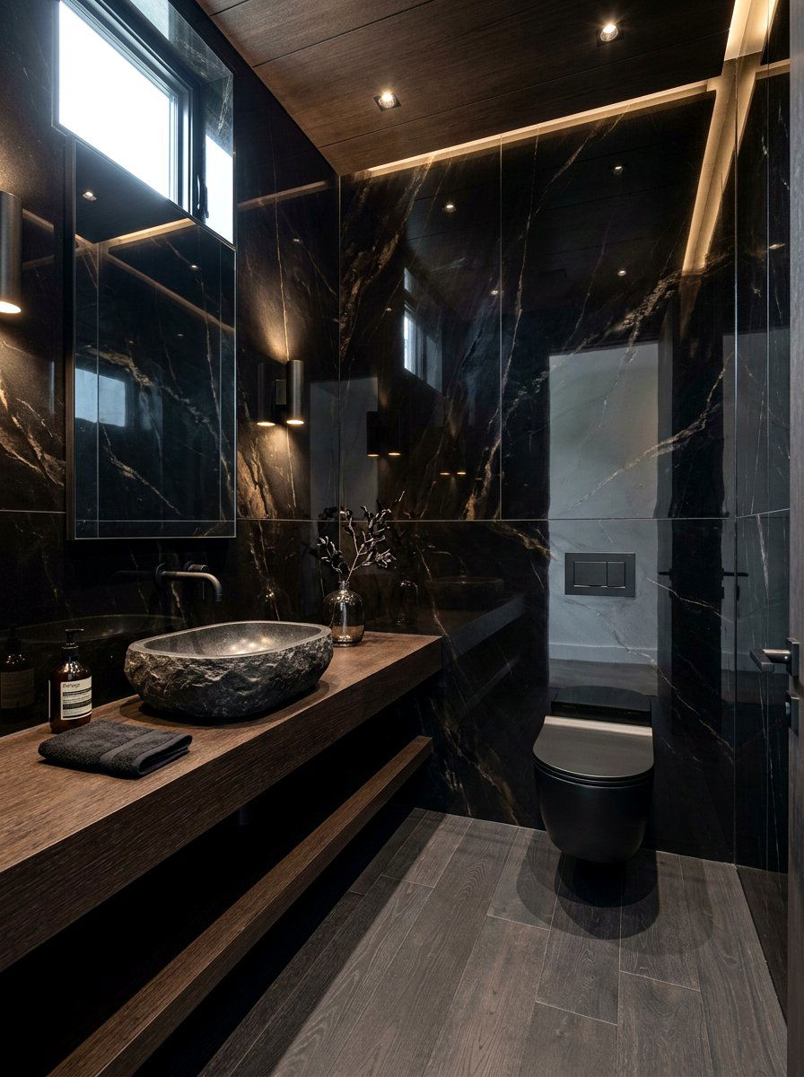 Obsidian Wall Panels - 30 dark powder room ideas