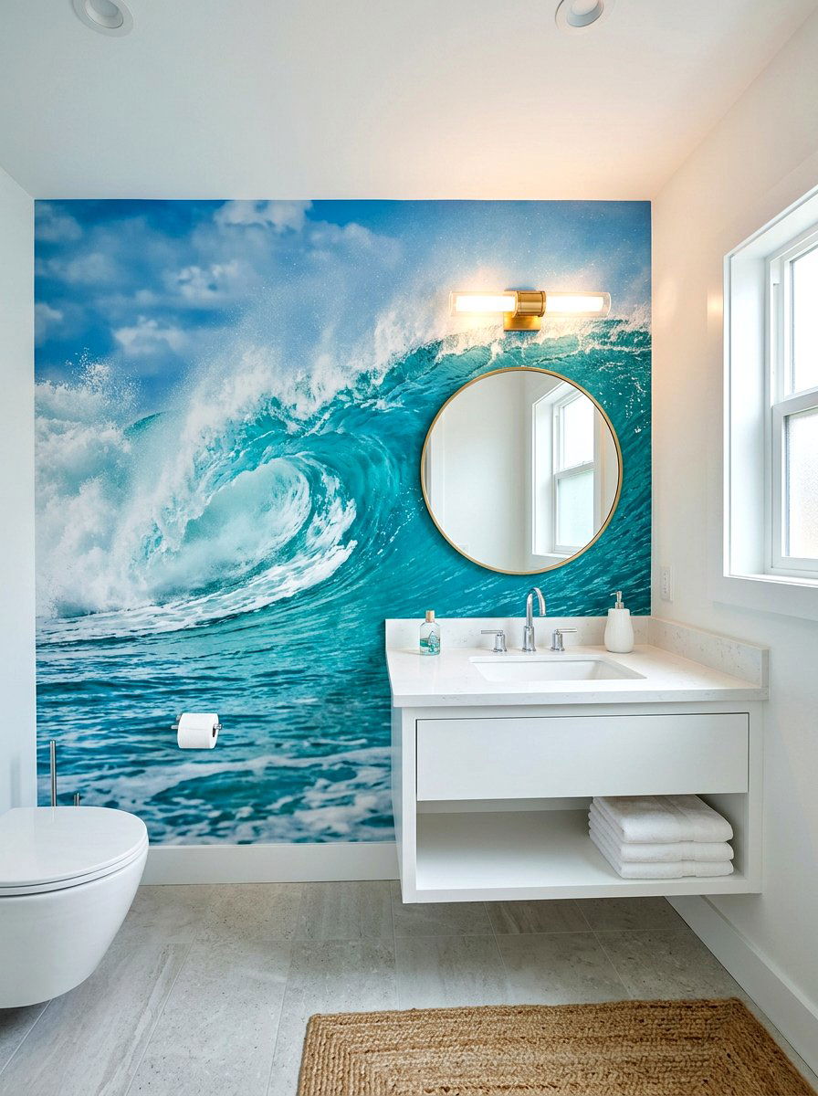 Ocean Wave Mural - 30 landscape mural powder room ideas