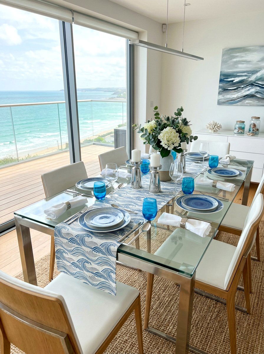 Ocean Wave Pattern Runner - 30 coastal table decor ideas