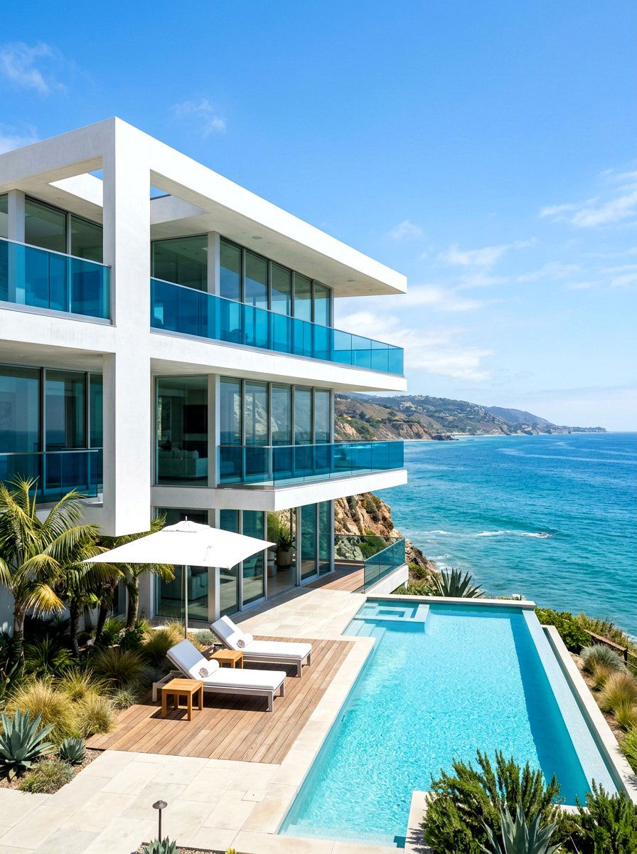 Ocean blue glass railing - 30 blue house exterior ideas