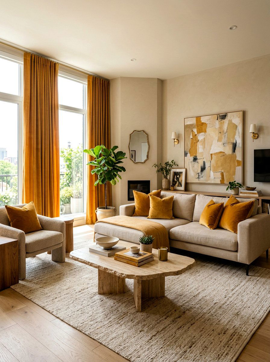 Ochre accent living room - 30 earth tone living space ideas