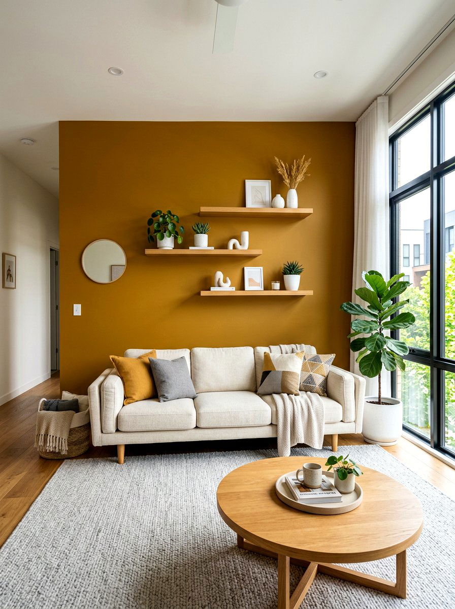 Ochre accent wall - 30 ochre living room ideas