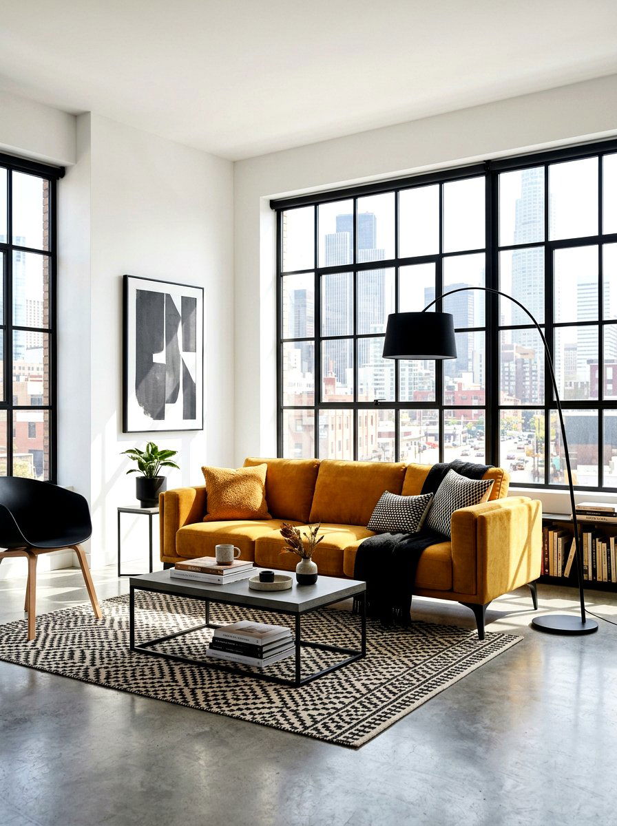 Ochre and black accents - 30 ochre living room ideas