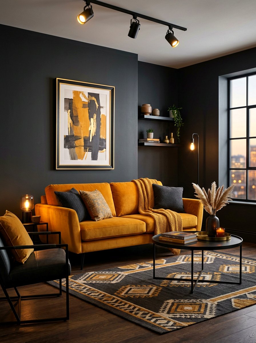 Ochre and charcoal dark tones - 30 ochre living room ideas