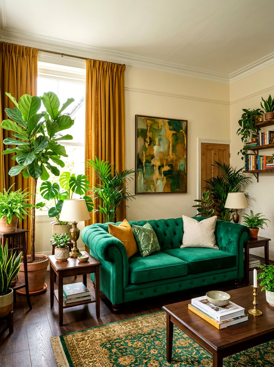 Ochre and emerald green living room - 30 ochre living room ideas
