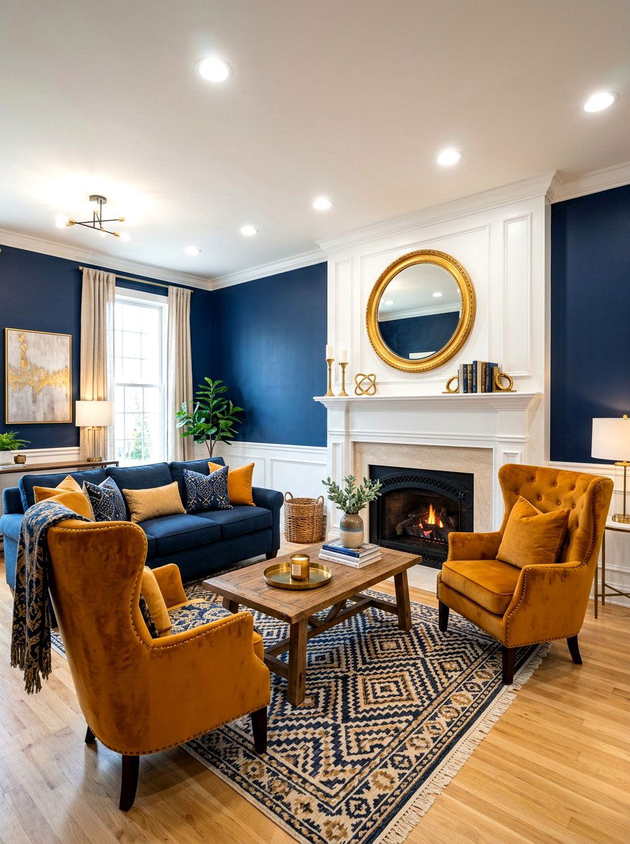 Ochre and navy blue living room - 30 ochre living room ideas