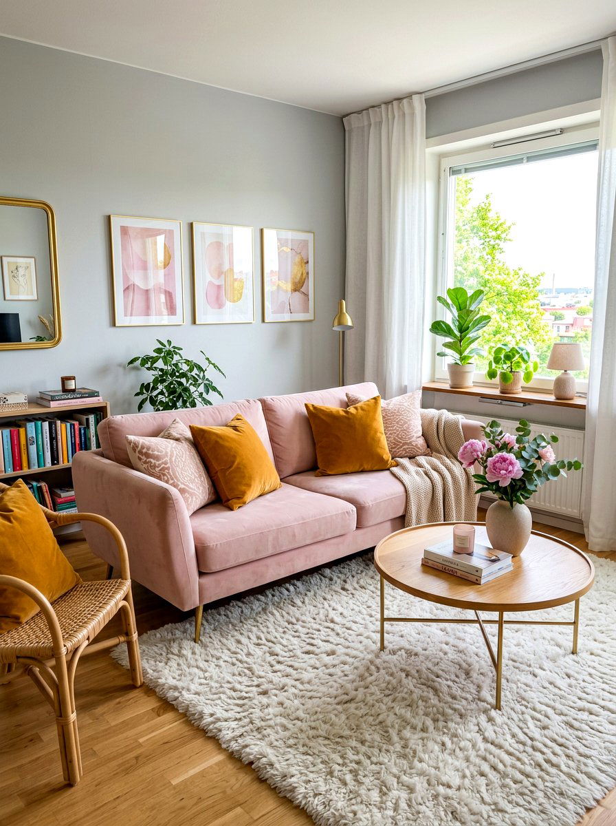 Ochre and pink pairing - 30 ochre living room ideas