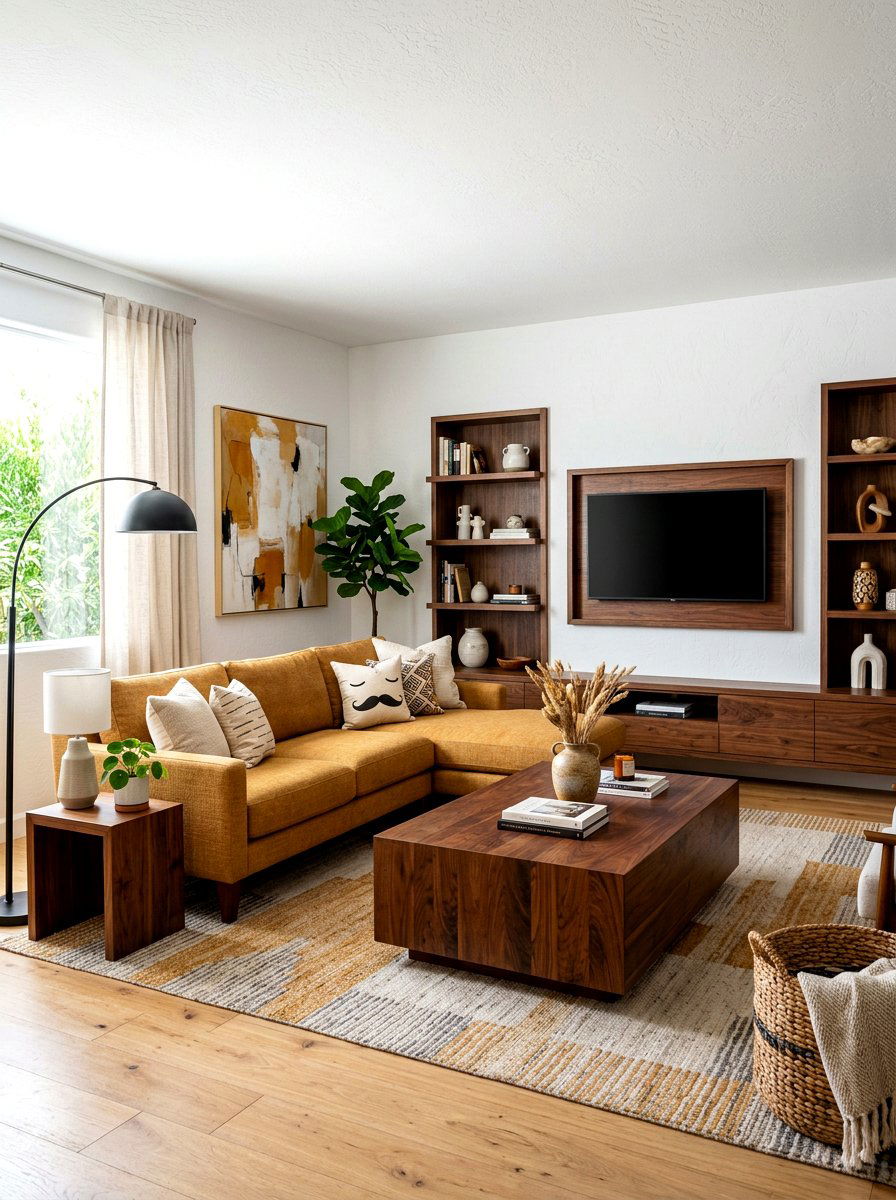 Ochre and walnut wood - 30 ochre living room ideas