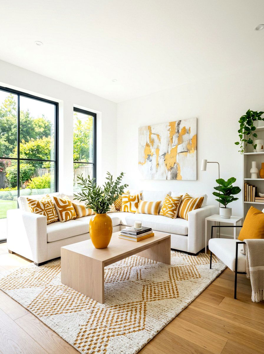 Ochre and white contrast - 30 ochre living room ideas