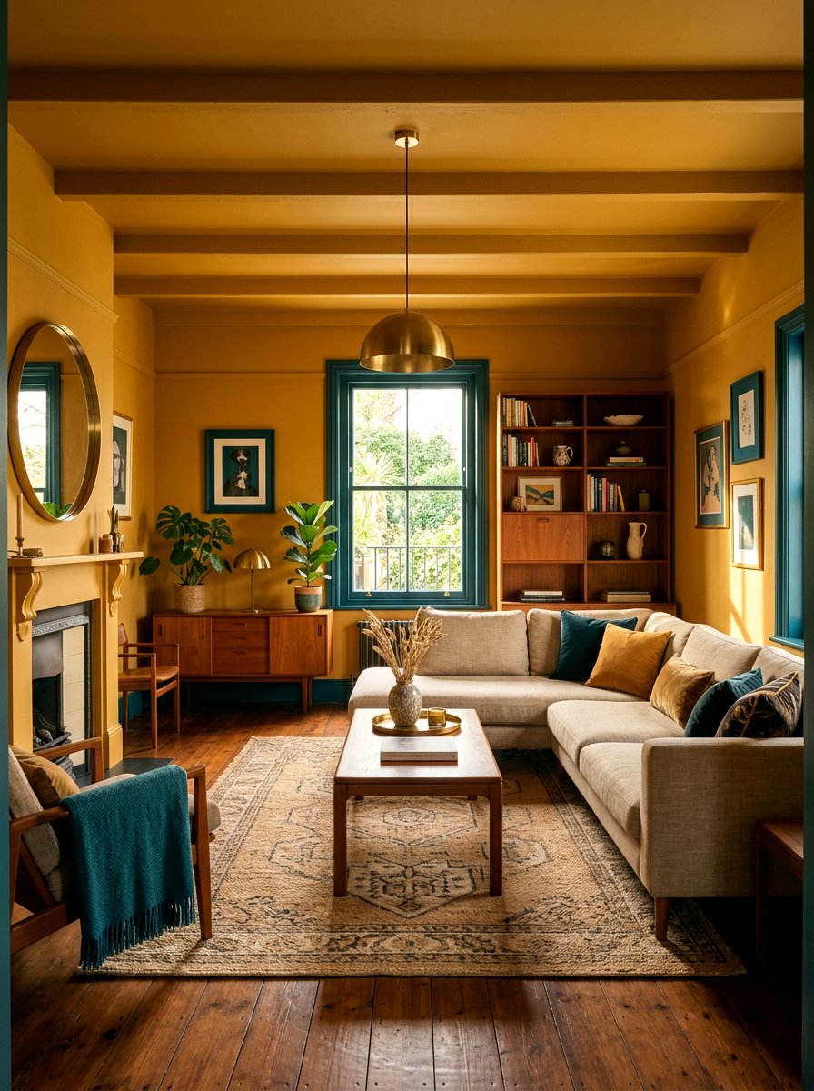 Ochre color drenched living room - 30 ceiling drench living room ideas