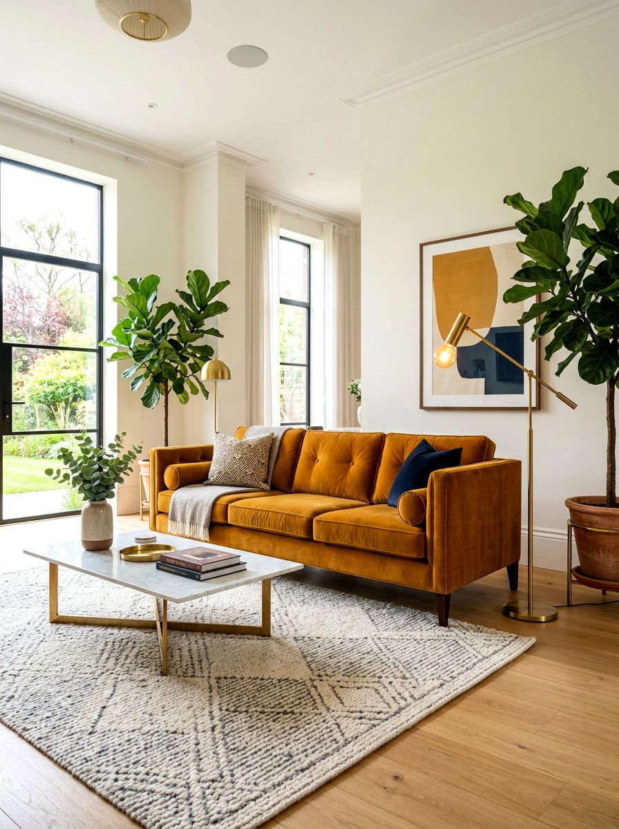 Ochre velvet sofa - 30 ochre living room ideas