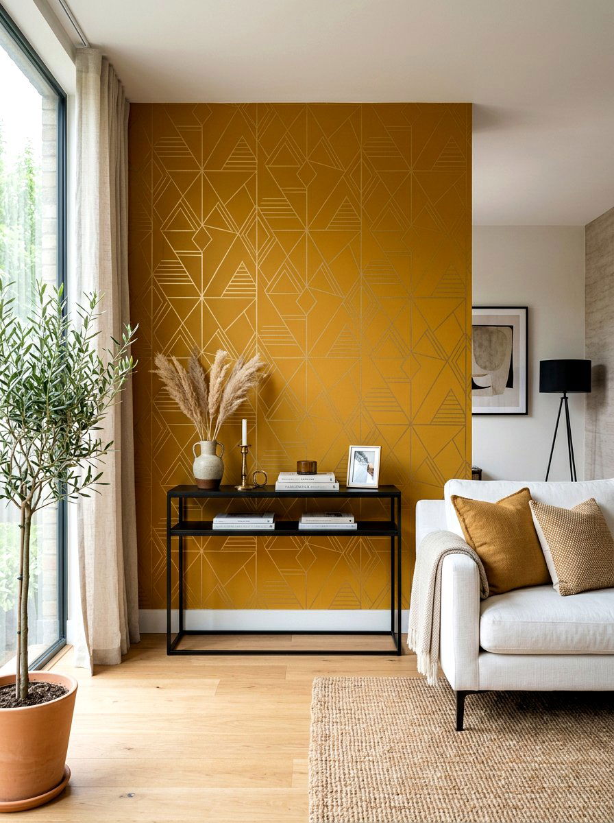 Ochre wallpaper focal point - 30 ochre living room ideas