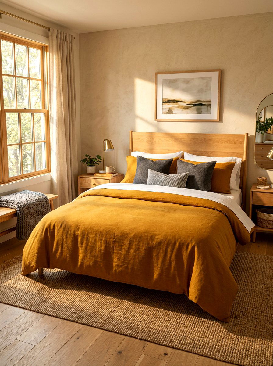 Ochre yellow bedding - 30 earthy bedroom ideas