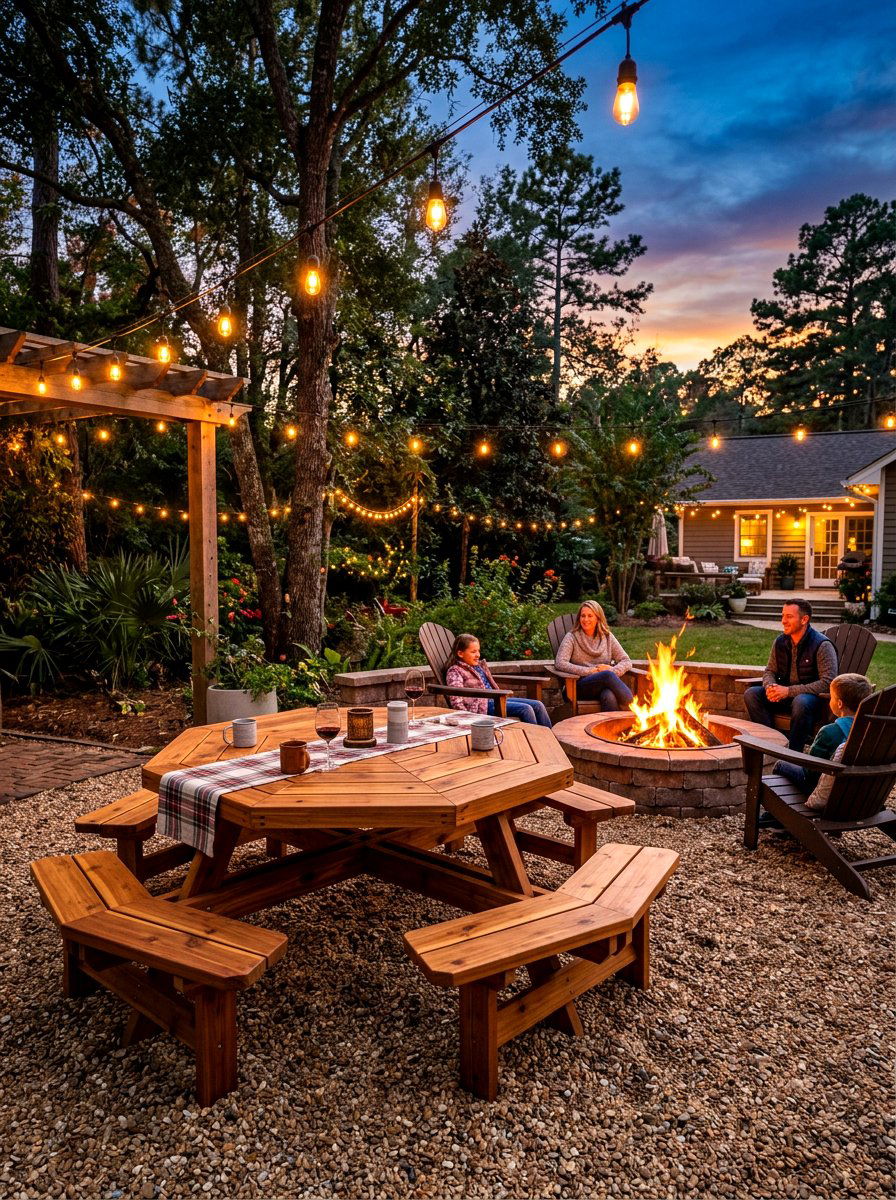 Octagon wooden picnic table - 30 backyard picnic table ideas