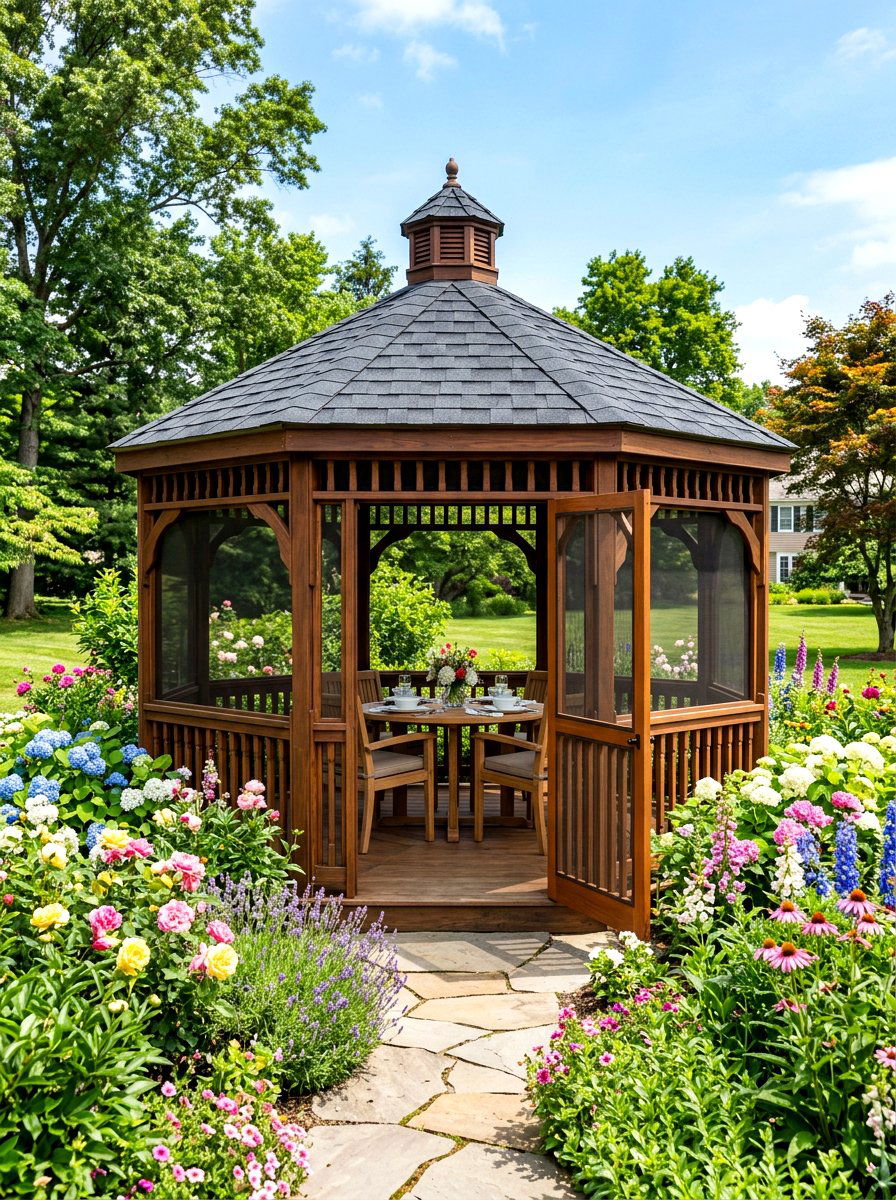 Octagonal screened gazebo - 30 screened gazebo dining ideas