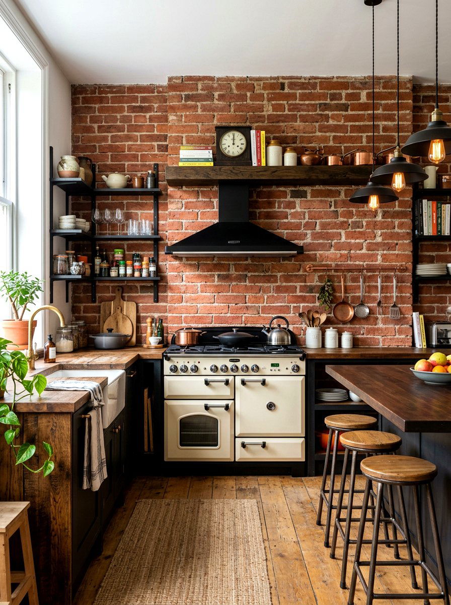 Off White Range Cooker Brick Wall - 30 cream appliance kitchen ideas