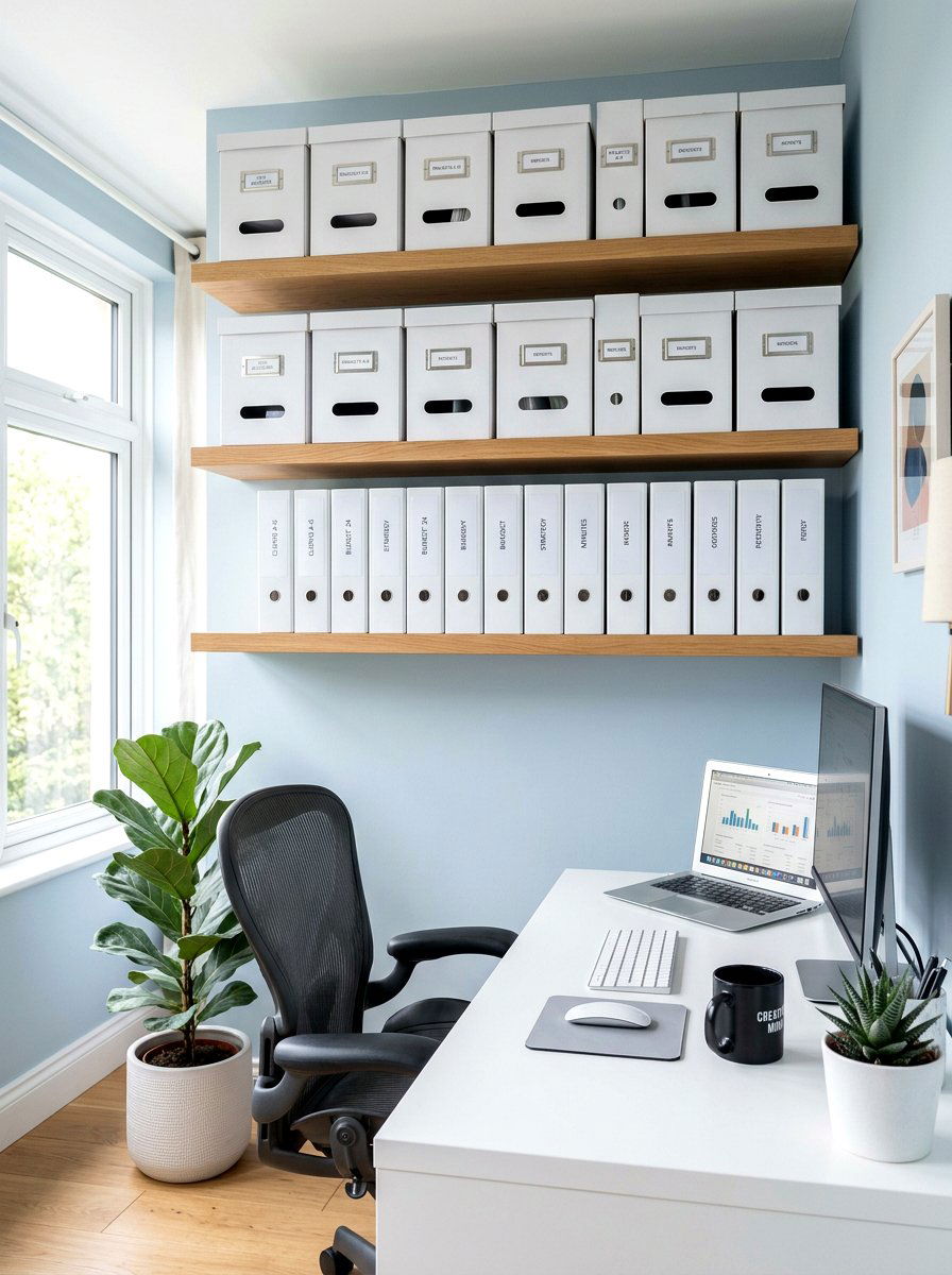 Office wall shelves - 30 paper clutter organization ideas