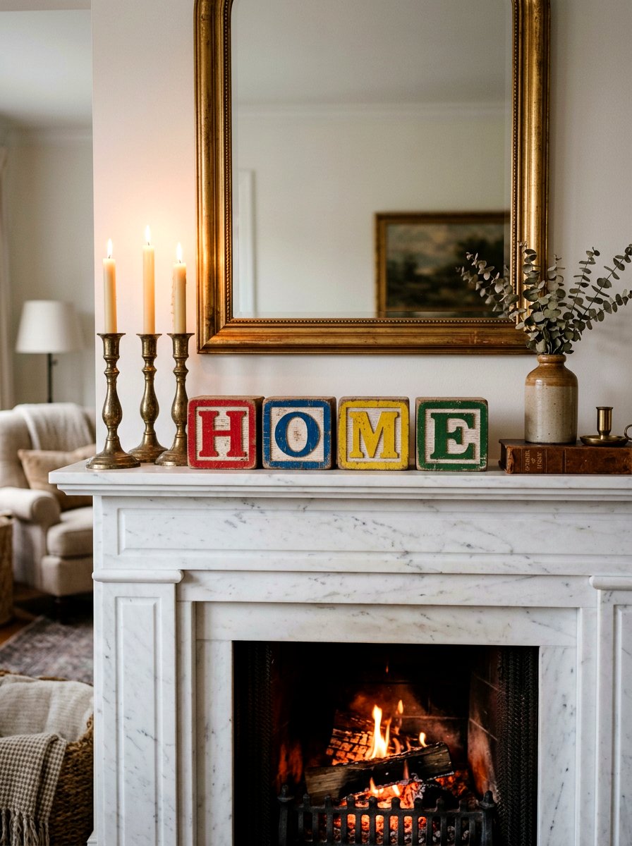 Old Alphabet Blocks Mantel Decor - 30 vintage toy decor ideas