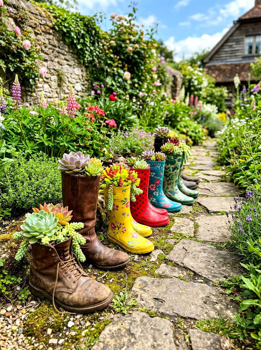 Old Boot Succulent Holder - 30 repurposed garden decor ideas