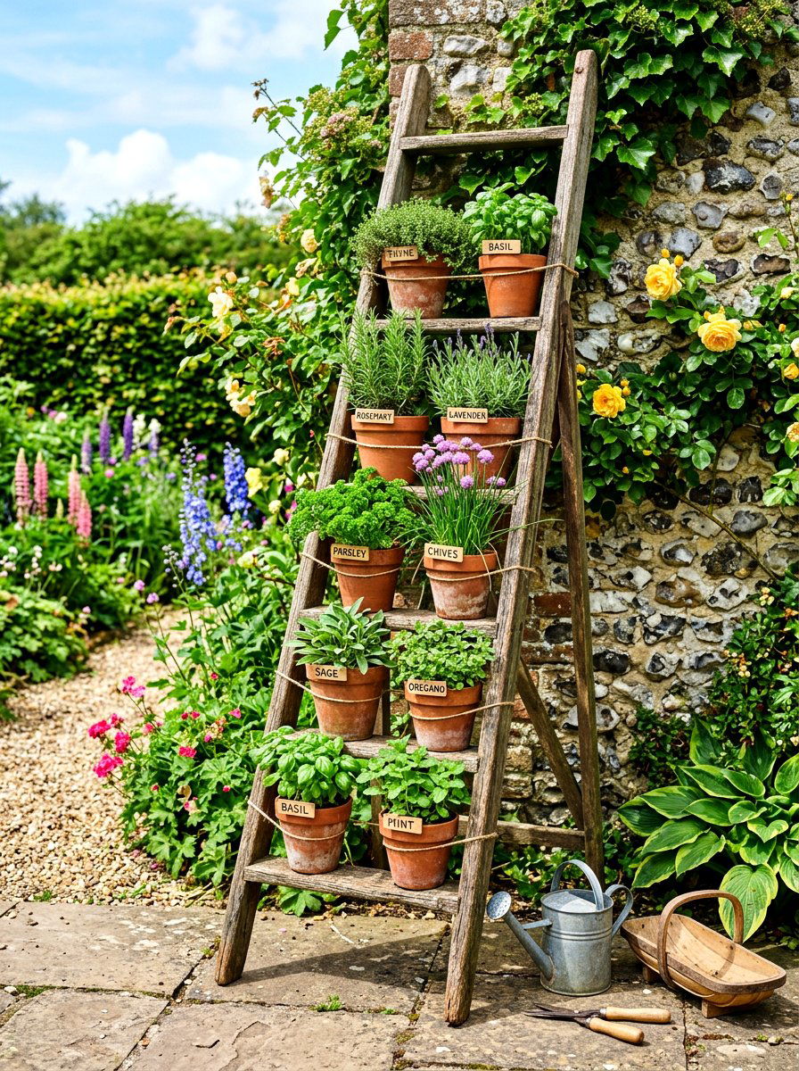 Old Ladder Herb Display - 30 rustic herb garden ideas