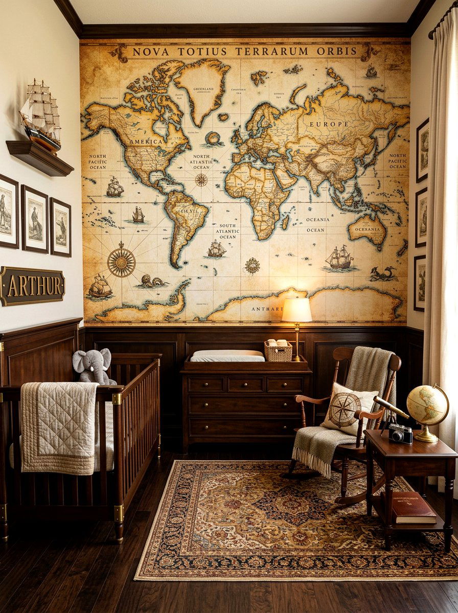 Old Map Wall Nursery - 30 vintage book nursery ideas