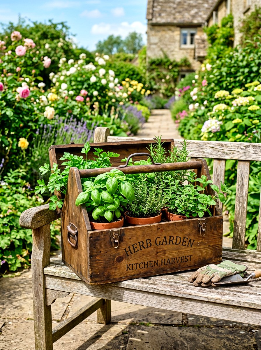 Old Tool Box - 30 rustic container garden ideas