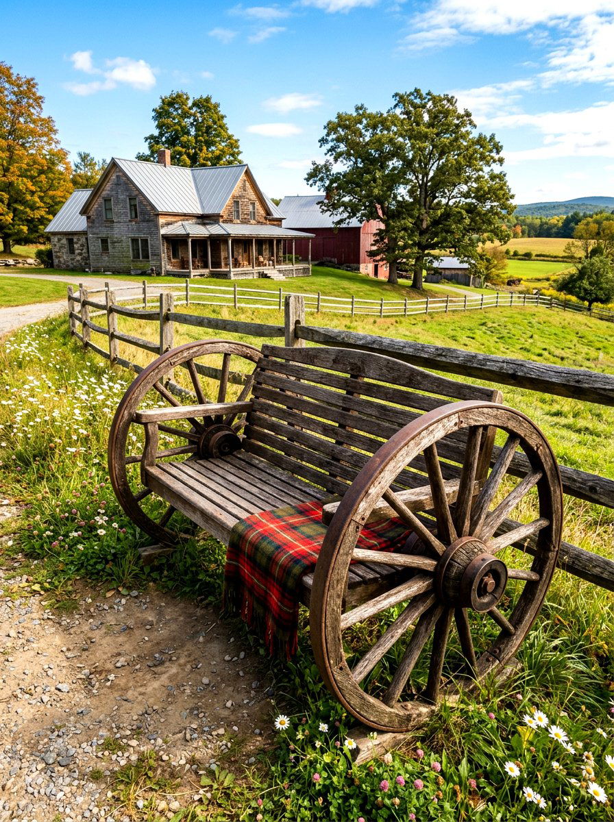 Old Wagon Wheel Bench - 30 rustic backyard seating ideas