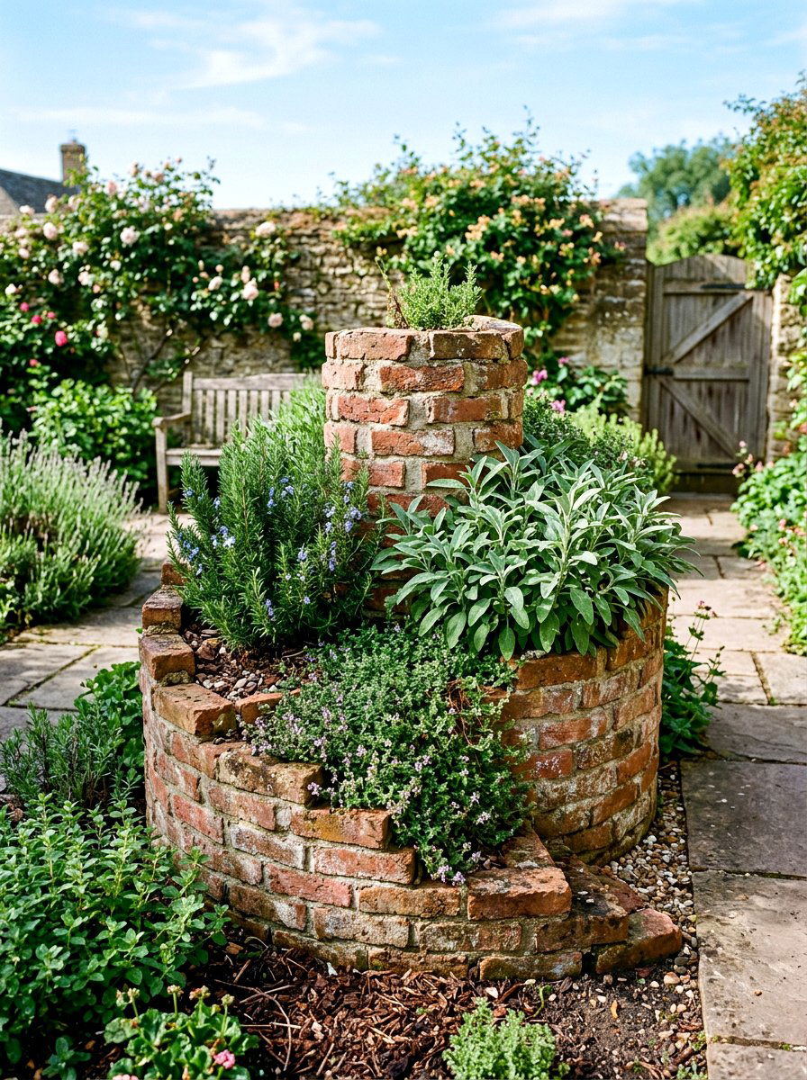 Old brick herb spiral - 30 brick raised bed ideas