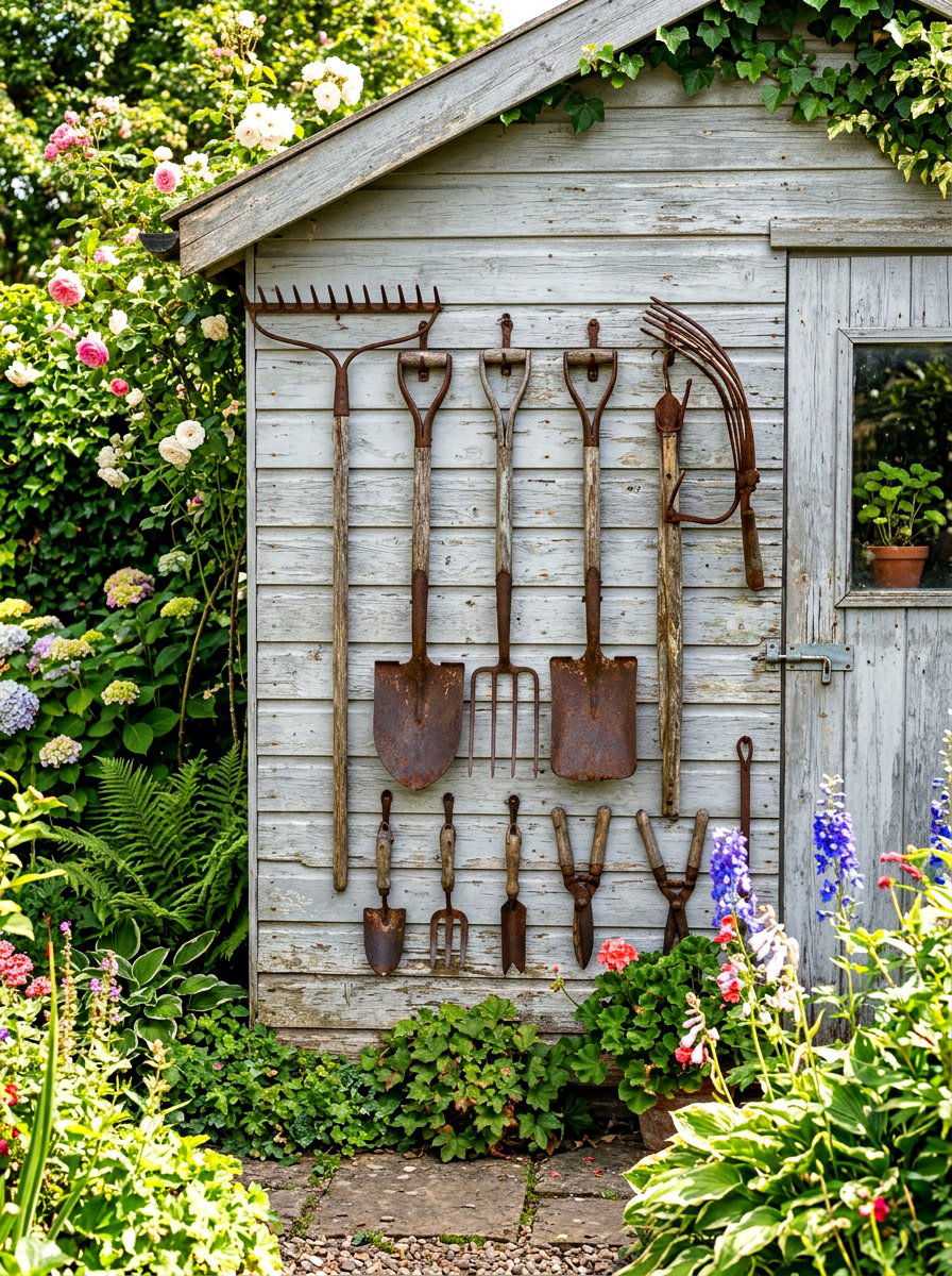 Old garden tool wall display - 30 heirloom decor ideas