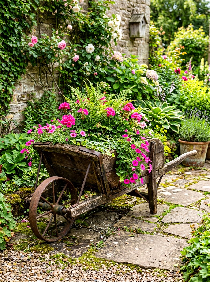Old wheelbarrow planter - 30 cottagecore garden ideas