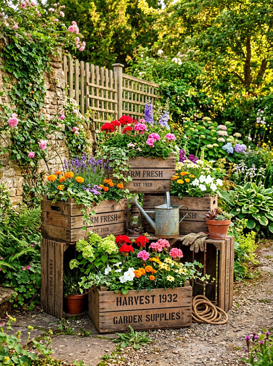 Old wooden crates - 30 vintage garden decor ideas