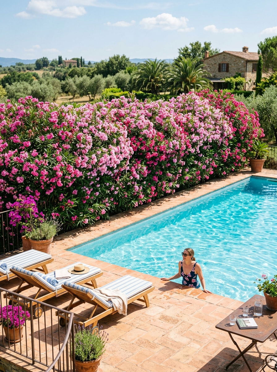 Oleander Flowering Pool Hedge - 30 pool privacy hedge ideas