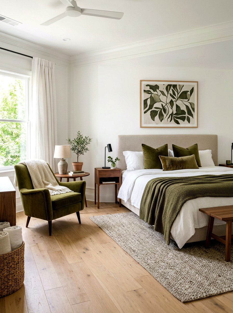 Olive Green Accent - 30 earthy bedroom decor ideas