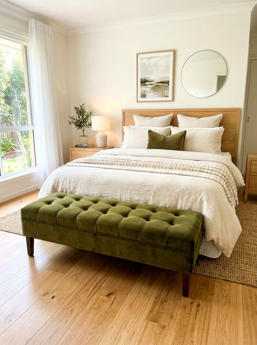 Olive Green Bench At Foot Of Bed - 30 olive and cream bedroom ideas
