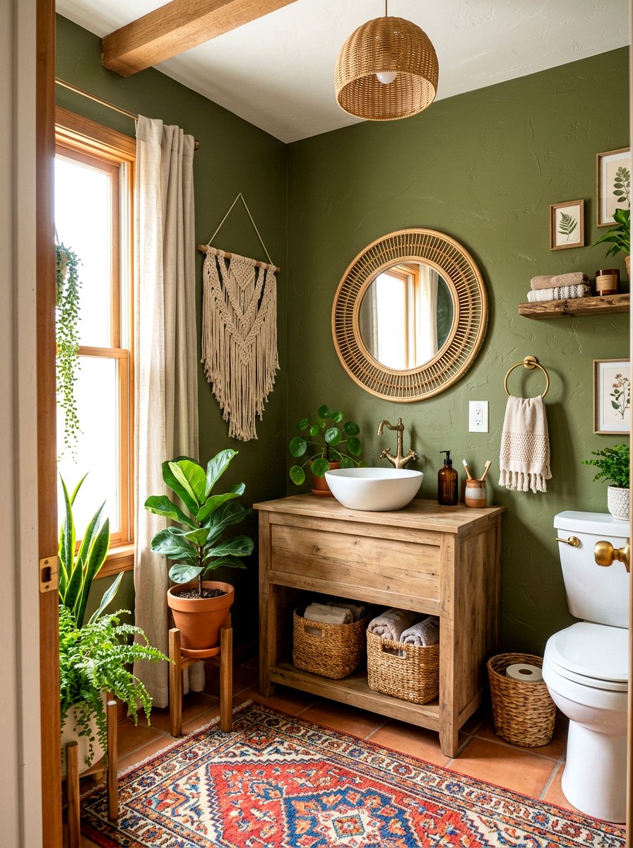 Olive Green Boho Powder Room - 30 olive powder room ideas