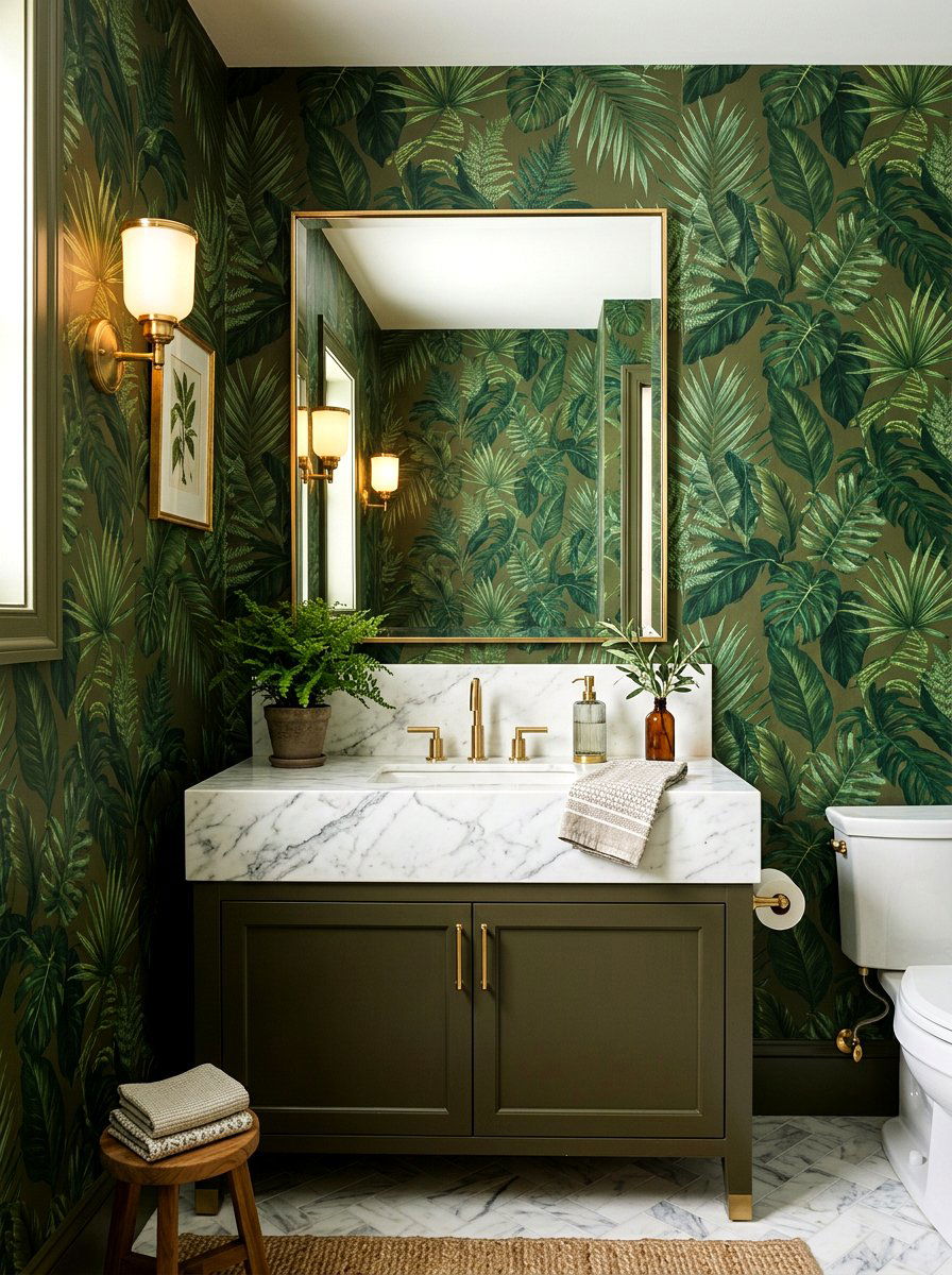 Olive Green Botanical Powder Room - 30 olive powder room ideas