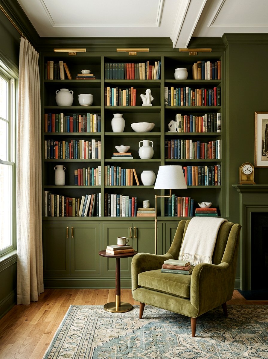 Olive Green Built In Shelves - 30 deep olive lounge ideas