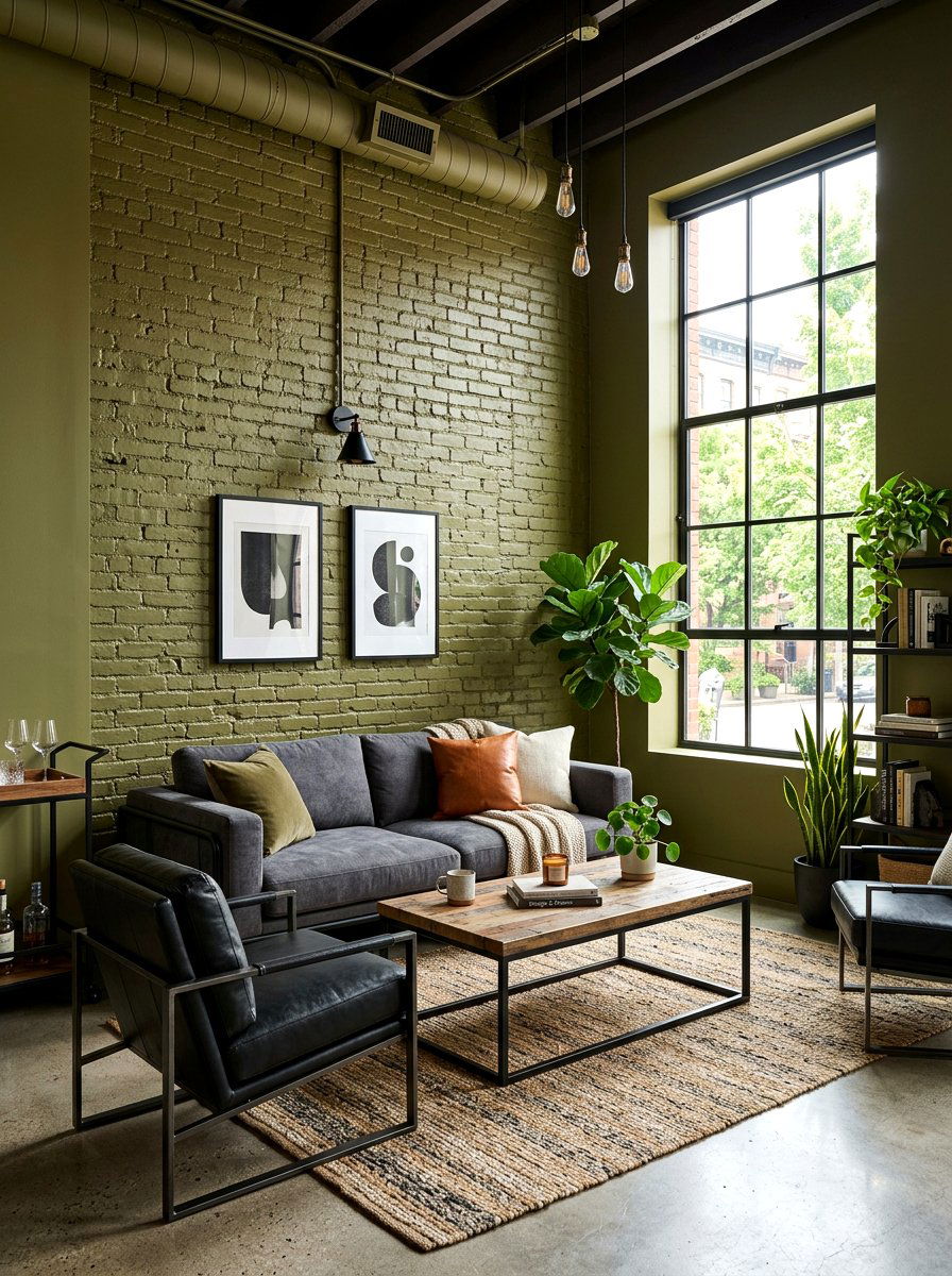 Olive Green Exposed Brick Lounge - 30 deep olive lounge ideas