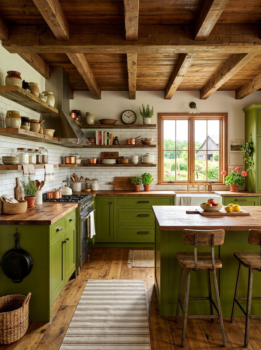 Olive Green Farmhouse Kitchen With Wood - 30 olive green kitchen aesthetic ideas