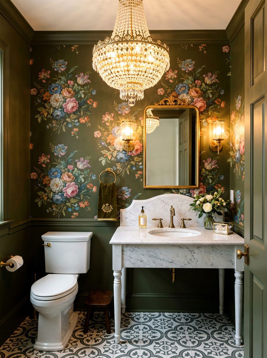 Olive Green Floral Powder Room - 30 olive powder room ideas